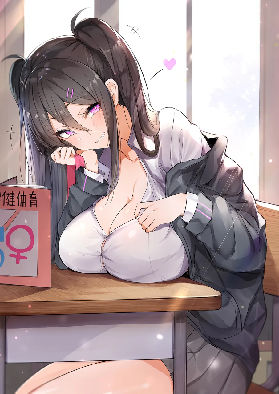 1girl black_hair black_jacket black_skirt blush book breast_rest breasts breasts_on_table bright_pupils button_gap chair cleavage collared_shirt desk grin hair_between_eyes hair_ornament hairclip hand_on_own_cheek hand_on_own_face heart holding holding_ribbon indoors jacket large_breasts laughing long_hair long_sleeves looking_at_viewer luse_maonang mars_symbol mechanical_pencil miniskirt on_chair open_book open_clothes open_jacket parted_lips pencil pink_eyes pink_ribbon pleated_skirt ribbon school_chair school_desk school_uniform shirt sidelocks sitting skirt smile solo taut_clothes taut_shirt twintails venus_symbol white_pupils white_shirt window yuuki_nanase