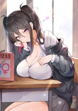 1girl black_hair black_jacket black_skirt blush book breast_rest breasts breasts_on_table bright_pupils button_gap chair cleavage collared_shirt desk grin hair_between_eyes hair_ornament hairclip hand_on_own_cheek hand_on_own_face heart holding holding_ribbon indoors jacket large_breasts laughing long_hair long_sleeves looking_at_viewer luse_maonang mars_symbol mechanical_pencil miniskirt on_chair open_book open_clothes open_jacket parted_lips pencil pink_eyes pink_ribbon pleated_skirt ribbon school_chair school_desk school_uniform shirt sidelocks sitting skirt smile solo taut_clothes taut_shirt twintails venus_symbol white_pupils white_shirt window yuuki_nanase
