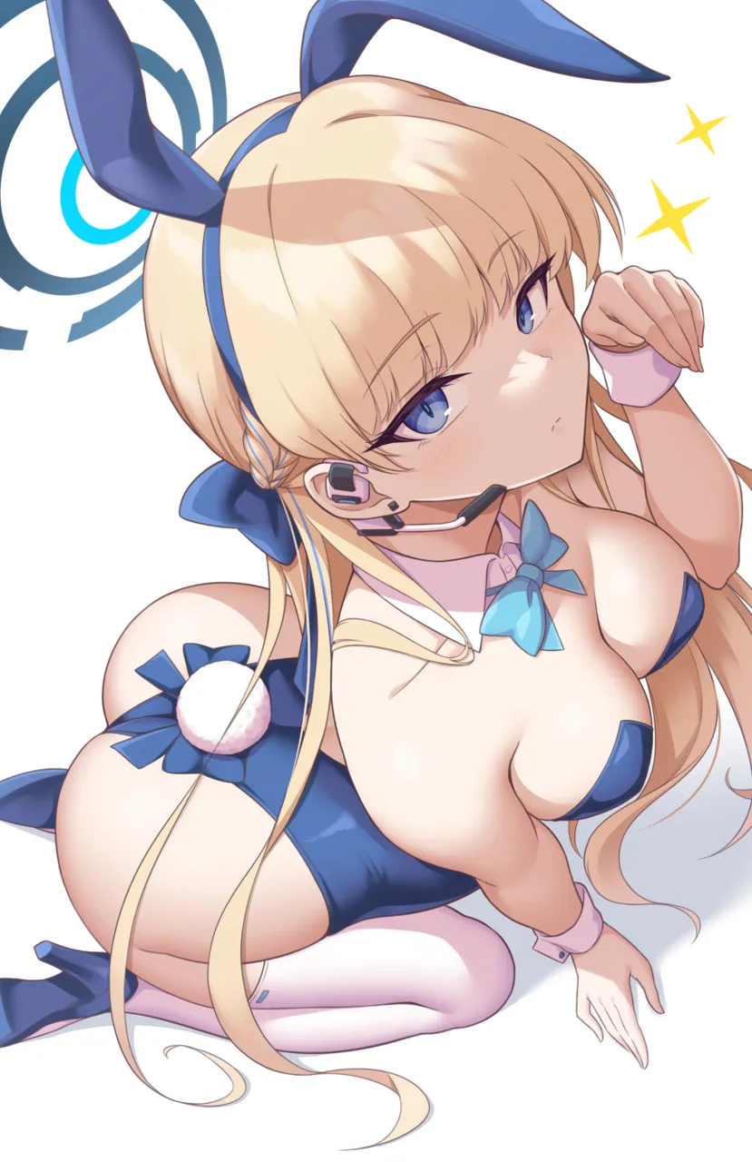 1girl animal_ears arched_back ass blonde_hair blue_archive blue_bow blue_eyes blue_hairband blue_halo blue_leotard bow bowtie breasts closed_mouth detached_collar fake_animal_ears fake_tail from_above hairband halo headset high_heels highleg highleg_leotard kneeling leaning_forward leotard long_hair looking_at_viewer looking_up medium_breasts microphone official_alternate_costume official_alternate_hairstyle playboy_bunny rabbit_ears rabbit_pose rabbit_tail solo sparkle strapless strapless_leotard tail thighhighs toki__blue_archive toki__bunny__blue_archive very_long_hair white_thighhighs wrist_cuffs yasojima_nejiro