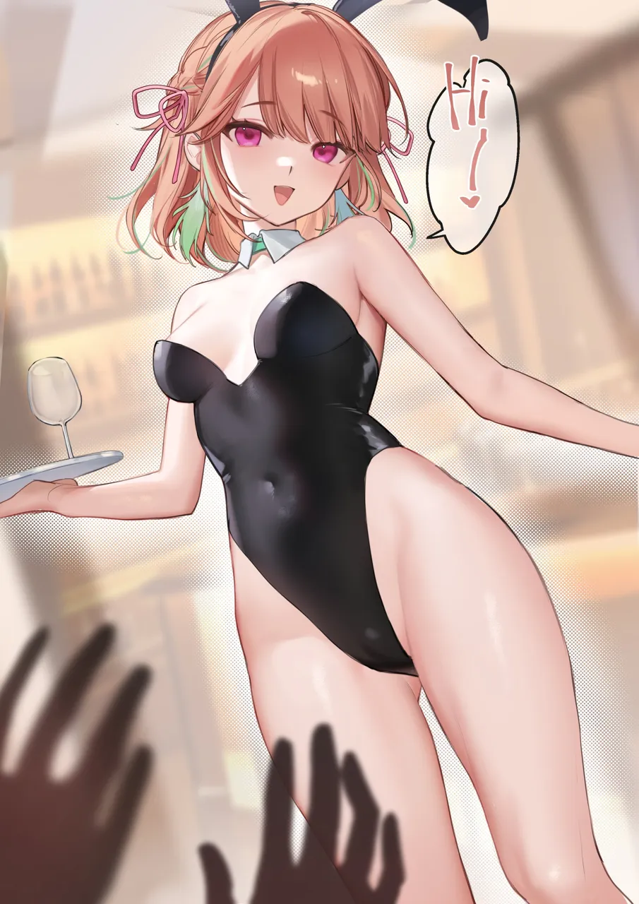 1girl alternate_breast_size animal_ears ass_visible_through_thighs bare_shoulders black_leotard blush breasts detached_collar earrings fake_animal_ears feather_earrings feathers gradient_hair highleg highleg_leotard holding jewelry leotard long_hair looking_at_viewer multicolored_hair open_mouth orange_hair pink_hair playboy_bunny purple_eyes rabbit_ears shiny_skin small_breasts solo_focus strapless strapless_leotard virtual_youtuber smilesmile1312 hololive takanashi_kiara__hololive
