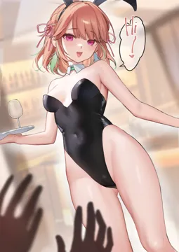 1girl alternate_breast_size animal_ears ass_visible_through_thighs bare_shoulders black_leotard blush breasts detached_collar earrings fake_animal_ears feather_earrings feathers gradient_hair highleg highleg_leotard holding jewelry leotard long_hair looking_at_viewer multicolored_hair open_mouth orange_hair pink_hair playboy_bunny purple_eyes rabbit_ears shiny_skin small_breasts solo_focus strapless strapless_leotard virtual_youtuber smilesmile1312 hololive takanashi_kiara__hololive