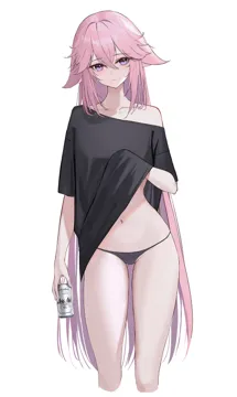 1girl alternate_costume animal_ears asahi_breweries ass_visible_through_thighs beer_can black_panties black_shirt blush breasts can closed_mouth clothes_lift collarbone cropped_legs drink drink_can expressionless floppy_ears fox_ears genshin_impact groin hand_under_clothes holding holding_drink lifting_own_clothes long_hair long_shirt loose_clothes loose_shirt medium_breasts navel no_bra no_pants off_shoulder off_shoulder_shirt panties pink_hair purple_eyes rikui__rella2930 shirt shirt_lift short_sleeves sidelocks simple_background single_bare_shoulder solo stomach straight_hair string_panties thighs underwear very_long_hair white_background yae_miko