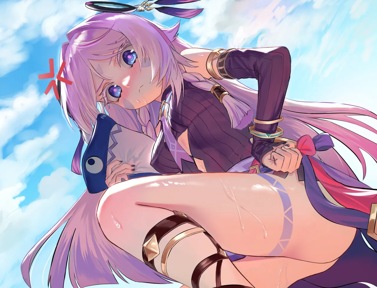 1girl anger_vein armlet bare_shoulders blue_eyes blue_sky bracelet cloud day detached_sleeves facial_mark forehead_mark holding holding_stuffed_toy jewelry leg_tattoo long_hair looking_at_viewer pink_hair ring_hair_ornament sky solo stuffed_toy tattoo thighs very_long_hair haoma genshin_impact citlali__genshin_impact itzpapa__genshin_impact