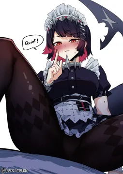 1girl black_hair black_pantyhose blush breasts collar finger_to_mouth fins fish_tail from_below large_breasts looking_at_viewer maid maid_headdress medium_hair multicolored_hair pantyhose red_hair shark_girl shark_tail sharp_teeth shushing solo spiked_collar spikes spread_legs tail teeth two_tone_hair white_background kukiyuusha zenless_zone_zero ellen_joe__zenless_zone_zero