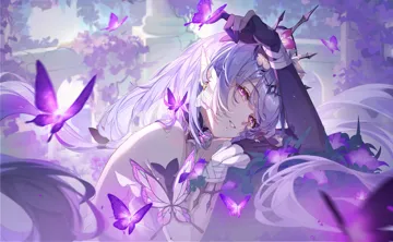1girl asymmetrical_gloves bare_shoulders black_tiara bug butterfly butterfly_earrings cool_colored earrings flower gloves hair_flower hair_ornament hand_up jewelry long_hair looking_at_viewer parted_lips pink_flower pointy_ears purple_butterfly purple_eyes purple_flower purple_gloves purple_hair solo tiara uneven_gloves upper_body very_long_hair wrist_cuffs mihan__mihan_art honkai__star_rail honkai__series castorice__honkai__star_rail