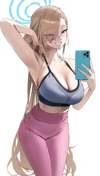 1girl alternate_costume armpits asuna__blue_archive asymmetrical_bangs blonde_hair blue_archive blue_eyes breasts cellphone cellphone_photo exercising halo holding holding_phone large_breasts logknn long_hair phone presenting_armpit smile solo sportswear standing sweat sweaty_clothes very_long_hair
