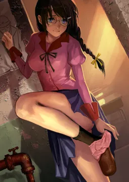 1girl against_wall alternate_breast_size black_hair black_socks blue_eyes bow braid breasts classroom dark dutch_angle glasses hair_bow hair_ornament hairclip industrial_pipe juliet_sleeves leaning leg_up legs loafers long_hair long_sleeves looking_at_viewer medium_breasts naoetsu_high_school_uniform panties panties_around_one_leg pink_panties pleated_skirt puffy_sleeves purple_eyes ribbon school_uniform shoes skirt socks solo twin_braids underwear undressing as109 bakemonogatari monogatari__series nekomonogatari hanekawa_tsubasa