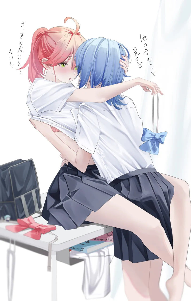 2girls ahoge arm_around_neck barefoot black_skirt blue_hair bra clothes_lift desk double_parted_bangs green_eyes hand_on_another_s_head leg_lock looking_at_another medium_hair miniskirt multiple_girls on_desk pink_bra pink_hair pleated_skirt school_desk school_uniform shirt shirt_lift shirt_tucked_in short_hair short_sleeves sitting skirt underwear virtual_youtuber white_shirt yuri tanishi__hetianming11093 hololive hoshimachi_suisei sakura_miko