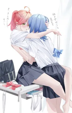 2girls ahoge arm_around_neck barefoot black_skirt blue_hair bra clothes_lift desk double_parted_bangs green_eyes hand_on_another_s_head leg_lock looking_at_another medium_hair miniskirt multiple_girls on_desk pink_bra pink_hair pleated_skirt school_desk school_uniform shirt shirt_lift shirt_tucked_in short_hair short_sleeves sitting skirt underwear virtual_youtuber white_shirt yuri tanishi__hetianming11093 hololive hoshimachi_suisei sakura_miko