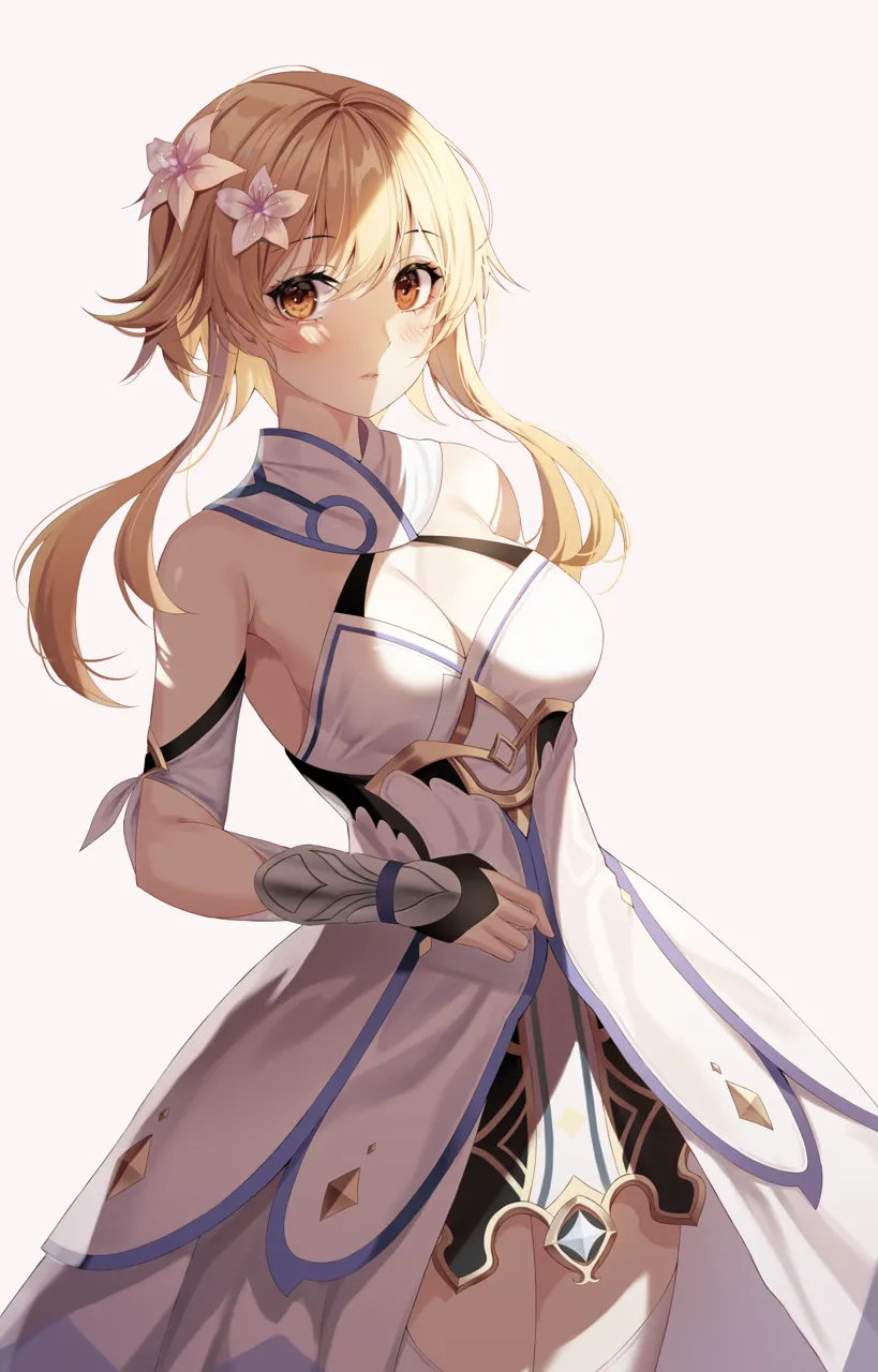 1girl armpit_crease backlighting bare_shoulders blonde_hair blush breasts cleavage cowboy_shot dress flower gauntlets gold_trim hair_flower hair_ornament halter_dress halterneck looking_at_viewer medium_breasts orange_eyes parted_lips short_hair_with_long_locks showgirl_skirt simple_background sleeveless sleeveless_dress solo standing thighhighs white_background white_dress white_thighhighs zettai_ryouiki niji__rudduf232 genshin_impact lumine__genshin_impact