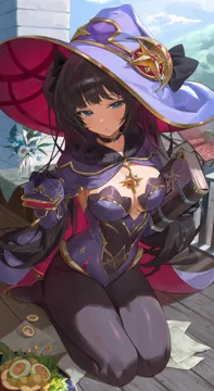 1girl apple apple_slice aqua_eyes black_choker black_hair black_pantyhose blue_sky book breasts brooch cape choker coin coin_purse egg__food flower food fruit fur_collar genshin_impact gloves gold_trim hat holding holding_book holding_wallet jewelry kneeling leotard medium_breasts mona__genshin_impact mora__genshin_impact pantyhose paper plate purple_leotard raised_eyebrows salad seiza sitting sky solo tearing_up twintails vase wallet witch_hat wooden_floor zutsuyaku