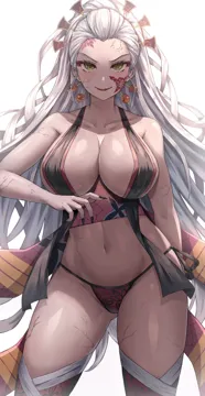 1girl arm_behind_back ass_visible_through_thighs black_nails black_thighhighs blush boots breasts cleavage closed_mouth collarbone collared_shirt cracked_skin daki__kimetsu_no_yaiba facial_mark fingernails hair_ornament halterneck japanese_clothes jasony kimetsu_no_yaiba large_breasts legs_apart lipstick long_hair looking_at_viewer makeup nail_polish navel no_pants panties red_lips sash sharp_fingernails shiny_skin shirt side_tie_panties simple_background smile solo standing stomach symbol_shaped_pupils text_in_eyes thigh_boots thighhighs underwear very_long_hair white_hair yellow_eyes