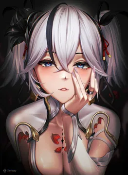 1girl __ black_eyes black_flower black_ribbon blake_bloom__wuthering_waves breasts collar collarbone fingernails flower flower_on_chest hair_between_eyes hair_flower hair_ornament hair_ribbon hair_vines hand_on_own_cheek hand_on_own_face light_blush long_fingernails looking_at_viewer medium_breasts nail_polish parted_lips pink_nails red_pupils red_ribbon ribbon short_hair short_twintails solo tacet_mark__wuthering_waves twintails white_collar kenn_artz wuthering_waves camellya__wuthering_waves