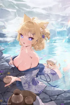 1girl ahoge animal_ears ass barcode barcode_tattoo bare_shoulders barefoot blonde_hair blue_eyes blue_sash blunt_bangs blush bottle braid braided_bun breasts choko__cup cleavage copyright_notice cup double_bun flower hair_bun hair_flower hair_intakes hair_ornament hair_rings hairclip heart heart_shaped_pupils holding holding_cup japanese_clothes kimono large_breasts looking_at_viewer obi off_shoulder onsen open_mouth outdoors partially_submerged sake_bottle sash solo symbol_shaped_pupils tattoo virtual_youtuber water white_kimono x_hair_ornament yukata monoco55 nijisanji virtuareal yukie__virtuareal