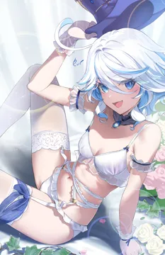 1girl ahoge arm_support blue_eyes blue_hat bra breasts cleavage detached_collar ev__dai00888 furina__genshin_impact genshin_impact gloves hair_between_eyes hat heterochromia holding holding_hat holding_unworn_clothes lingerie looking_at_viewer medium_breasts navel open_mouth panties smile solo thighs underwear underwear_only unworn_hat unworn_headwear white_bra white_gloves white_hair white_panties