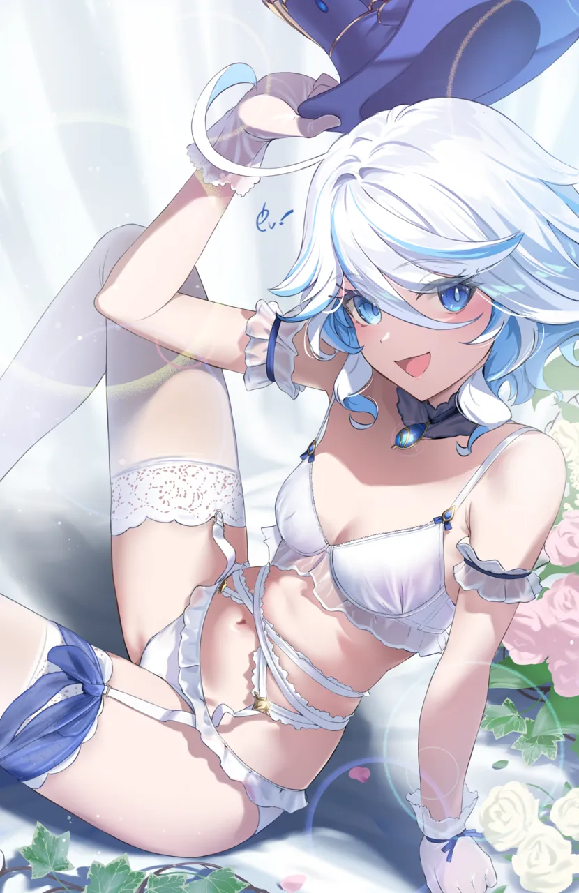 1girl ahoge arm_support blue_eyes blue_hat bra breasts cleavage detached_collar ev__dai00888 furina__genshin_impact genshin_impact gloves hair_between_eyes hat heterochromia holding holding_hat holding_unworn_clothes lingerie looking_at_viewer medium_breasts navel open_mouth panties smile solo thighs underwear underwear_only unworn_hat unworn_headwear white_bra white_gloves white_hair white_panties