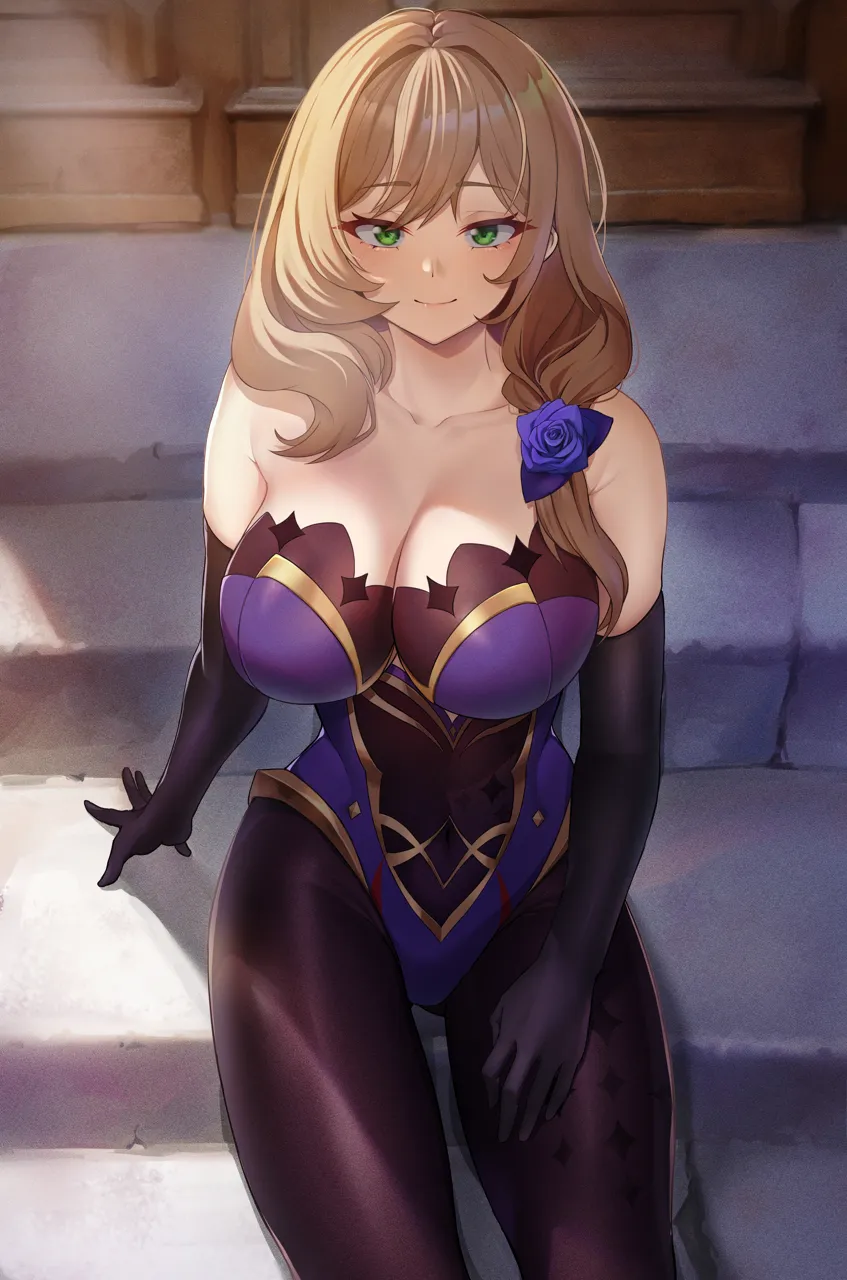 1girl ass_visible_through_thighs bare_shoulders black_gloves black_pantyhose blush bodystocking breasts brown_hair center_opening cleavage closed_mouth collarbone cosplay covered_navel day elbow_gloves flower genshin_impact gloves green_eyes hair_flower hair_ornament hair_over_shoulder hand_on_own_thigh klee08 large_breasts leotard lisa__genshin_impact long_hair looking_at_viewer low_ponytail mona__genshin_impact mona__genshin_impact__cosplay outdoors pantyhose ponytail purple_flower purple_leotard purple_rose rose smile solo stairs strapless strapless_leotard