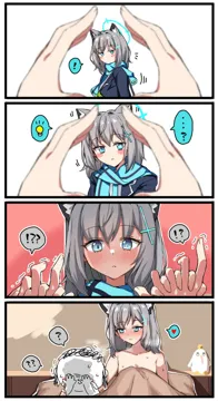 1boy 1girl 4koma animal_ear_fluff animal_ears aqua_eyes aqua_scarf assertive_female bed bed_sheet blue_archive blue_jacket blush blush_stickers comic cross_hair_ornament doodle_sensei__blue_archive grabbing_another_s_hand grey_hair hair_ornament halo heart hetero holding_hands implied_rape interlocked_fingers jacket jitome light_bulb looking_at_viewer medium_hair mismatched_pupils notice_lines peroro__blue_archive pov pov_hands res1dents1eeper ruined_for_marriage scarf sensei__blue_archive shiroko__blue_archive sidelocks silent_comic snoot_challenge spoken_heart spoken_interrobang spoken_light_bulb spoken_question_mark stuffed_animal stuffed_toy sweat trembling under_covers wolf_ears