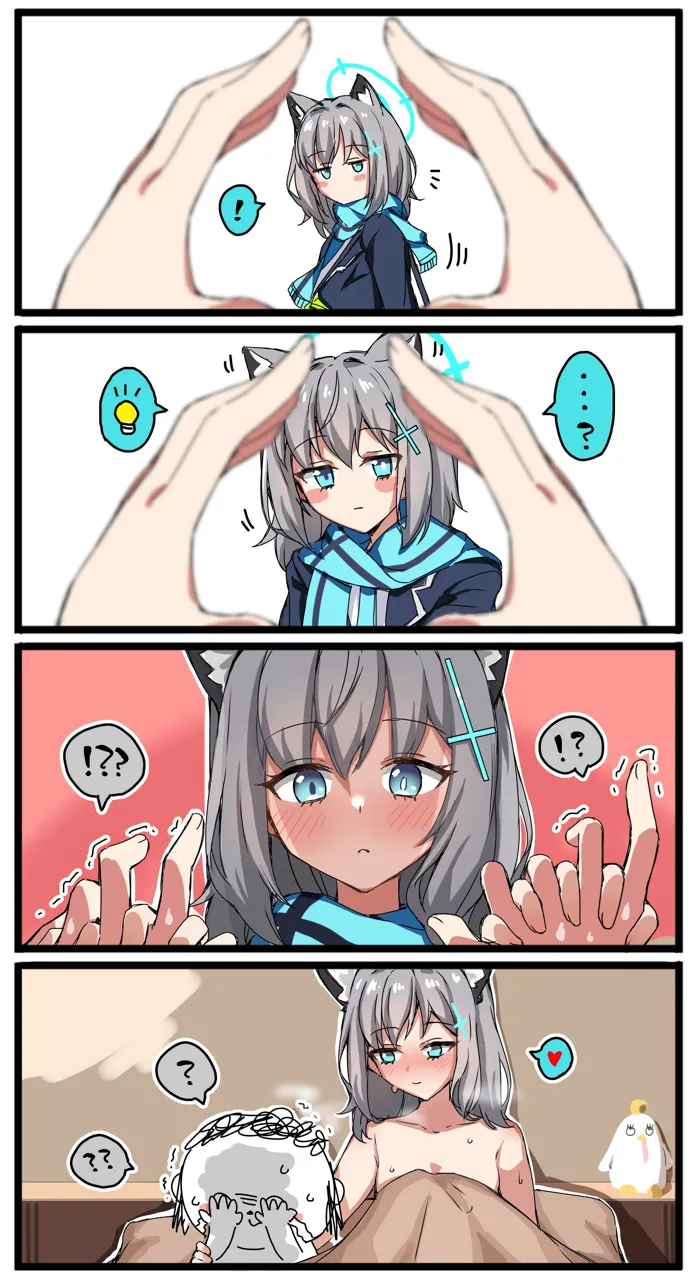 1boy 1girl 4koma animal_ear_fluff animal_ears aqua_eyes aqua_scarf assertive_female bed bed_sheet blue_archive blue_jacket blush blush_stickers comic cross_hair_ornament doodle_sensei__blue_archive grabbing_another_s_hand grey_hair hair_ornament halo heart hetero holding_hands implied_rape interlocked_fingers jacket jitome light_bulb looking_at_viewer medium_hair mismatched_pupils notice_lines peroro__blue_archive pov pov_hands res1dents1eeper ruined_for_marriage scarf sensei__blue_archive shiroko__blue_archive sidelocks silent_comic snoot_challenge spoken_heart spoken_interrobang spoken_light_bulb spoken_question_mark stuffed_animal stuffed_toy sweat trembling under_covers wolf_ears