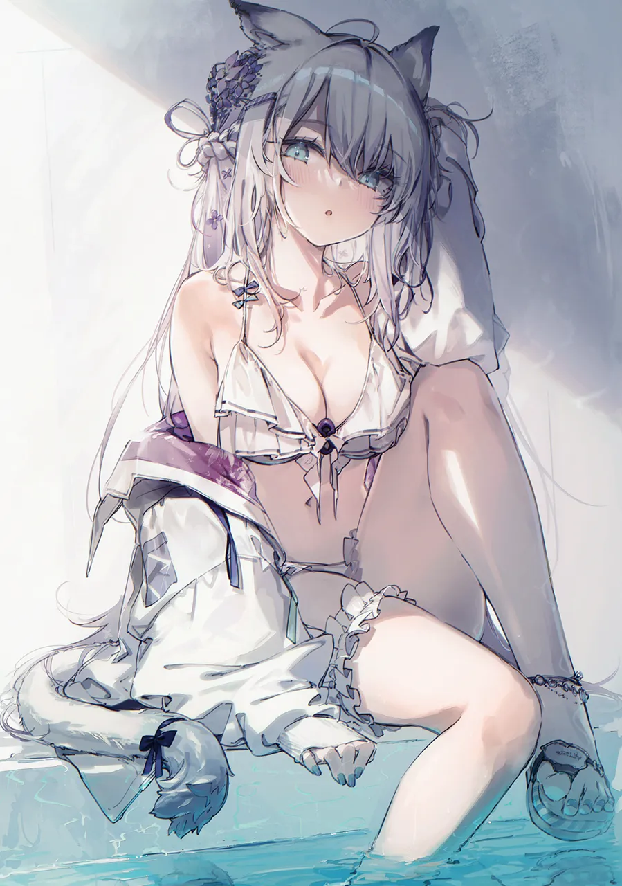 1girl ahoge animal_ears bare_shoulders bikini blue_eyes braid breasts cleavage collarbone flower frilled_thigh_strap front_tie_bikini_top front_tie_top grey_hair hair_flower hair_ornament halterneck hand_up jacket knee_up large_breasts long_hair looking_at_viewer navel off_shoulder open_clothes open_jacket parted_lips sandals sitting solo stomach string_bikini swimsuit tail thigh_strap thighs tiger_ears tiger_girl tiger_tail white_jacket yatsuha__hachiyoh