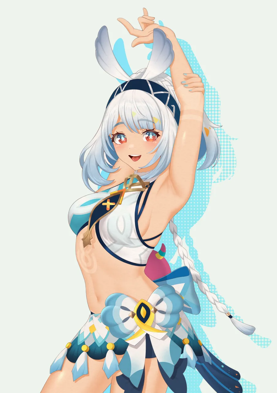 1girl armpits arms_up bare_arms bare_shoulders blue_hairband blue_nails breasts cowboy_shot crop_top dark_skin grey_background grey_hair hairband long_braid long_hair looking_at_viewer medium_breasts midriff nail_polish navel open_mouth orange_eyes simple_background smile solo standing stomach thighs very_long_hair sasaki3rd genshin_impact mualani__genshin_impact