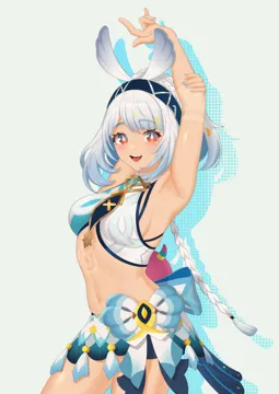 1girl armpits arms_up bare_arms bare_shoulders blue_hairband blue_nails breasts cowboy_shot crop_top dark_skin grey_background grey_hair hairband long_braid long_hair looking_at_viewer medium_breasts midriff nail_polish navel open_mouth orange_eyes simple_background smile solo standing stomach thighs very_long_hair sasaki3rd genshin_impact mualani__genshin_impact