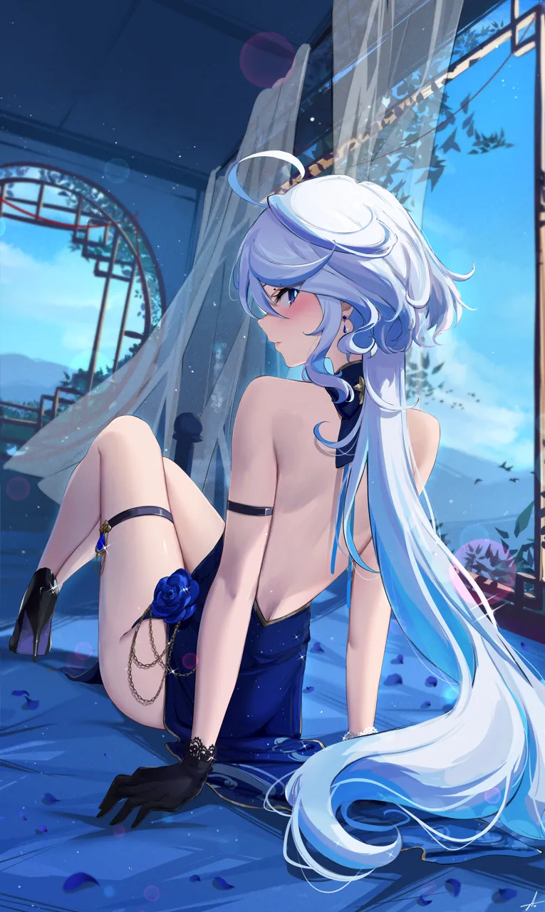 1girl ahoge alternate_costume back backless_dress backless_outfit balcony bare_back bare_shoulders black_gloves blue_dress blue_eyes blue_hair blue_sky blush closed_mouth curtains day dress earrings eyelash_ornament from_behind full_body gloves high_heels jewelry lens_flare light_particles long_hair looking_back multicolored_hair sitting sky solo streaked_hair thigh_strap thighs very_long_hair white_hair window feint721 genshin_impact furina__genshin_impact