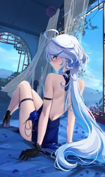1girl ahoge alternate_costume back backless_dress backless_outfit balcony bare_back bare_shoulders black_gloves blue_dress blue_eyes blue_hair blue_sky blush closed_mouth curtains day dress earrings eyelash_ornament from_behind full_body gloves high_heels jewelry lens_flare light_particles long_hair looking_back multicolored_hair sitting sky solo streaked_hair thigh_strap thighs very_long_hair white_hair window feint721 genshin_impact furina__genshin_impact
