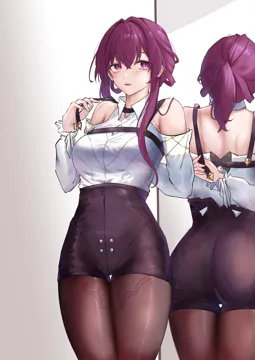 1girl arm_behind_back ass bare_shoulders black_shorts breasts brown_pantyhose collared_shirt cowboy_shot hair_between_eyes high_waist_shorts large_breasts long_sleeves mirror pantyhose pantyhose_under_shorts ponytail purple_eyes purple_hair reflection shirt short_shorts shorts solo standing thighs white_shirt yawww__yawwwart honkai__star_rail honkai__series kafka__honkai__star_rail