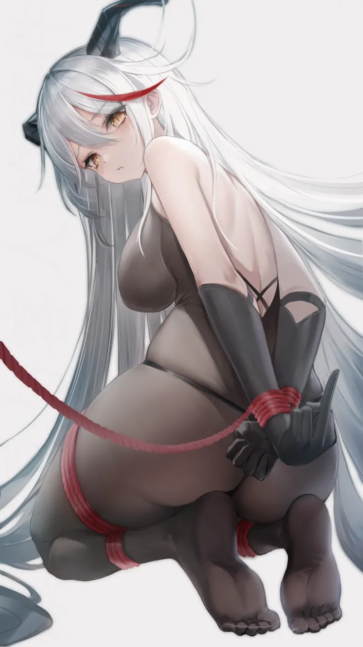 1girl arms_behind_back bdsm black_gloves bondage bound bound_wrists breasts demon_horns feet gloves hair_on_horn horns long_hair looking_at_viewer looking_back multicolored_hair pantyhose red_rope restrained rope shibari slave soles streaked_hair thong underwear very_long_hair white_hair yellow_eyes lin_jingling azur_lane aegir__azur_lane