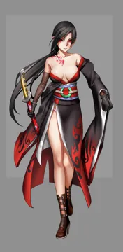 1girl areolae bare_shoulders black_gloves black_hair boots breasts brown_gloves cleavage clenched_hand elbow_gloves full_body gloves high_heel_boots high_heels japanese_clothes katana kimono large_breasts long_hair long_legs looking_at_viewer low_ponytail obi off_shoulder panties ponytail red_eyes sash simple_background solo striped_clothes striped_panties sword tattoo underwear weapon as109 m_a_d_mafia_is_all_dead
