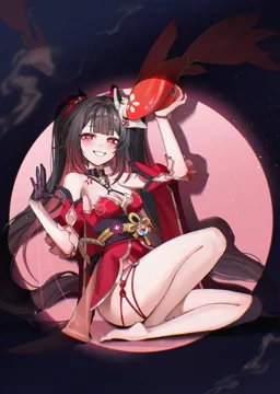 1girl bare_legs bare_shoulders barefoot black_gloves black_sash blush breasts brown_hair circle_facial_mark cleavage detached_sleeves dress feet flower_tattoo fox_mask gloves grin hair_ribbon japanese_clothes koi legs long_hair looking_at_viewer mark_under_both_eyes mask mask_on_head medium_breasts red_dress red_eyes red_ribbon red_sleeves ribbon sash short_sleeves shoulder_tattoo single_glove smile solo tattoo twintails very_long_hair zije honkai__star_rail honkai__series sparkle__honkai__star_rail