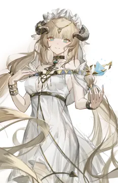 1girl bare_shoulders blonde_hair blue_eyes blue_nails blunt_bangs bracelet breasts choker collarbone cowboy_shot demon_horns dress fingernails floating floating_object gem gold_bracelet gold_choker horns jewelry long_hair looking_at_viewer low_twintails nail_polish necklace solo strapless strapless_dress twintails veil very_long_hair white_background white_dress white_veil yellow_pupils huade_xiami arknights nightingale__arknights nightingale__iakhu_of_flows__arknights