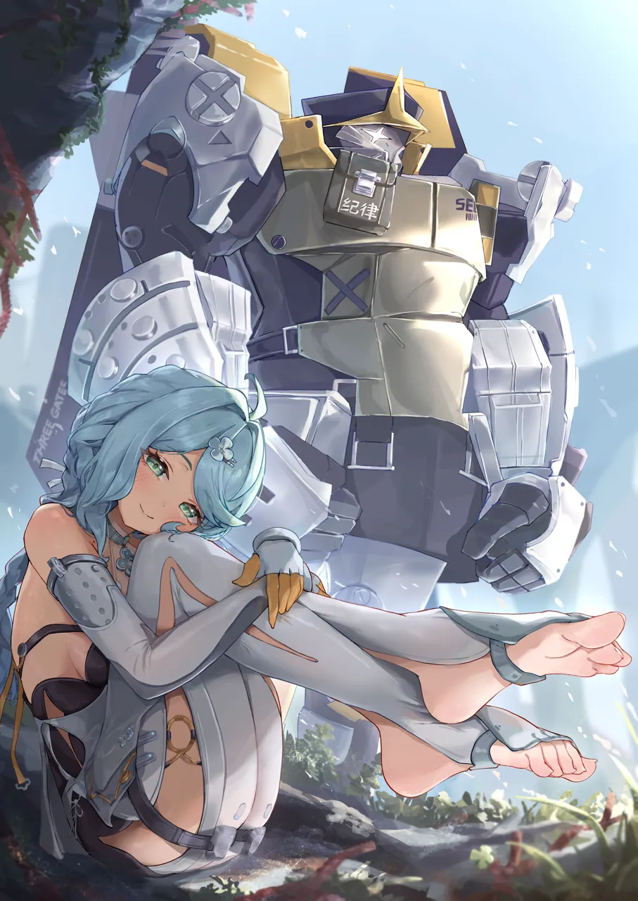 blue_hair feet foot_focus gloves mecha military_uniform nature robot short_hair soles thighs nekoplanetouo zenless_zone_zero seed__zenless_zone_zero seed_sr__zenless_zone_zero