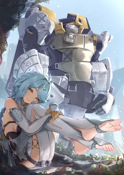 blue_hair feet foot_focus gloves mecha military_uniform nature robot short_hair soles thighs nekoplanetouo zenless_zone_zero seed__zenless_zone_zero seed_sr__zenless_zone_zero