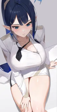 1girl belt blue_archive blue_eyeliner blue_eyes breasts chochomi cleavage collarbone cowboy_shot eyeliner hair_ornament hairclip halo large_breasts long_hair long_sleeves makeup necktie pointy_ears ponytail rin__blue_archive sitting skirt sleeves_past_wrists solo thighs uniform white_belt white_skirt white_uniform