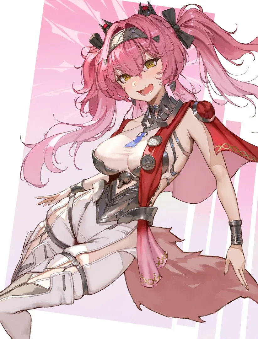 1girl armor armpit_crease black_bow boots border bow breastplate breasts collar hair_bow hair_intakes hairband large_breasts looking_at_viewer metal_collar metal_hairband open_mouth pink_hair red_sash sash solo tacet_mark__wuthering_waves tail thigh_boots twintails white_border wolf_tail wrist_guards yellow_eyes sib__9obsl wuthering_waves lupa__wuthering_waves