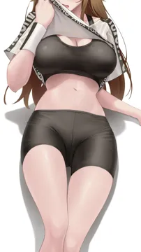1girl bike_shorts black_sports_bra breasts brown_hair character_name cleavage copyright_name crop_top hololive hololive_dance_practice_uniform large_breasts long_hair midriff navel official_alternate_costume open_mouth simple_background solo somebody__leiking00 sports_bra sweat sweatband tokino_sora virtual_youtuber white_background wiping_face wiping_sweat