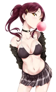 1girl bare_shoulders bikini bikini_top_only black_bikini black_choker black_jacket blowing_bubbles breasts brown_hair chewing_gum choker cleavage cowboy_shot hair_ornament hairclip head_tilt jacket large_breasts long_hair looking_at_viewer love_live love_live__sunshine navel o_ring o_ring_choker plaid_clothes plaid_skirt ponytail red_hair sakurauchi_riko simple_background skirt solo standing surfing_orange swimsuit white_background yellow_eyes