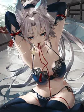 1girl alternate_costume animal_ear_fluff animal_ears armpits arms_behind_head black_bra black_gloves black_panties black_thighhighs bra breasts day elbow_gloves feixiao__honkai__star_rail forehead_jewel fox_ears fox_girl gloves green_eyes highleg honkai__series honkai__star_rail indoors long_hair medium_breasts midriff navel on_bed panties parted_bangs signature sitting solo sora__garakuta_waltz string_in_mouth sunlight thighhighs underwear very_long_hair white_hair