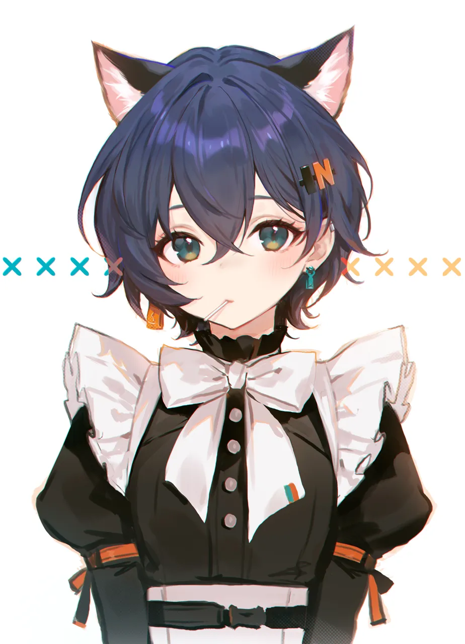 1girl alternate_costume animal_ear_fluff animal_ears aqua_eyes black_dress blue_hair bow bowtie cat_ears crossed_bangs dress earrings enmaided food_in_mouth frilled_dress frills hair_between_eyes hair_ornament jewelry juliet_sleeves kemonomimi_mode letter_hair_ornament light_blush long_sleeves looking_at_viewer maid puffy_sleeves short_hair simple_background solo upper_body white_background white_bow white_bowtie adelie_cat zenless_zone_zero belle__zenless_zone_zero
