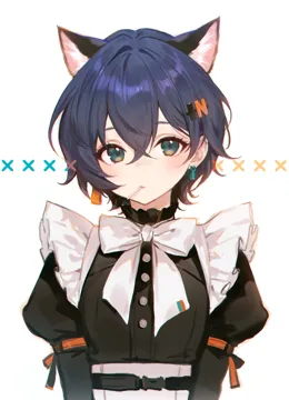 1girl alternate_costume animal_ear_fluff animal_ears aqua_eyes black_dress blue_hair bow bowtie cat_ears crossed_bangs dress earrings enmaided food_in_mouth frilled_dress frills hair_between_eyes hair_ornament jewelry juliet_sleeves kemonomimi_mode letter_hair_ornament light_blush long_sleeves looking_at_viewer maid puffy_sleeves short_hair simple_background solo upper_body white_background white_bow white_bowtie adelie_cat zenless_zone_zero belle__zenless_zone_zero