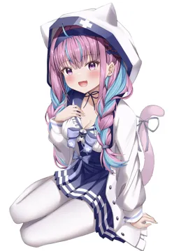 1girl _d ahoge anchor_hair_ornament anchor_symbol blue_bow blue_hair blue_hairband blue_ribbon blue_skirt blush bow braid breasts cat_tail choker cleavage collarbone colored_inner_hair fang hair_ornament hairband hand_on_own_chest high_waist_skirt hood hood_up hooded_jacket jacket large_breasts long_hair long_sleeves looking_at_viewer multicolored_hair official_alternate_costume open_clothes open_jacket open_mouth pantyhose pink_hair pleated_skirt purple_eyes ribbon ribbon_choker sidelocks sitting skin_fang skirt smile solo streaked_hair tail tail_ornament tail_ribbon twin_braids two_tone_hair virtual_youtuber white_background white_jacket white_pantyhose yokozuwari koba__kobako42 hololive minato_aqua__hololive minato_aqua__sailor__hololive