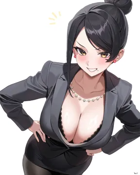 1girl artist_name asymmetrical_hair bijin_onna_joushi_takizawa_san black_bra black_hair black_pantyhose bra bra_peek breasts business_suit cleavage collarbone earrings formal_clothes hair_bun jewelry lace_trim lace_trimmed_bra large_breasts leaning_forward light_blush looking_at_viewer mature_female mole mole_under_mouth necklace office_lady pantyhose pearl_necklace pencil_skirt simple_background single_hair_bun skirt skirt_suit solo suit takizawa_kyouko underwear white_background yan_c yellow_eyes