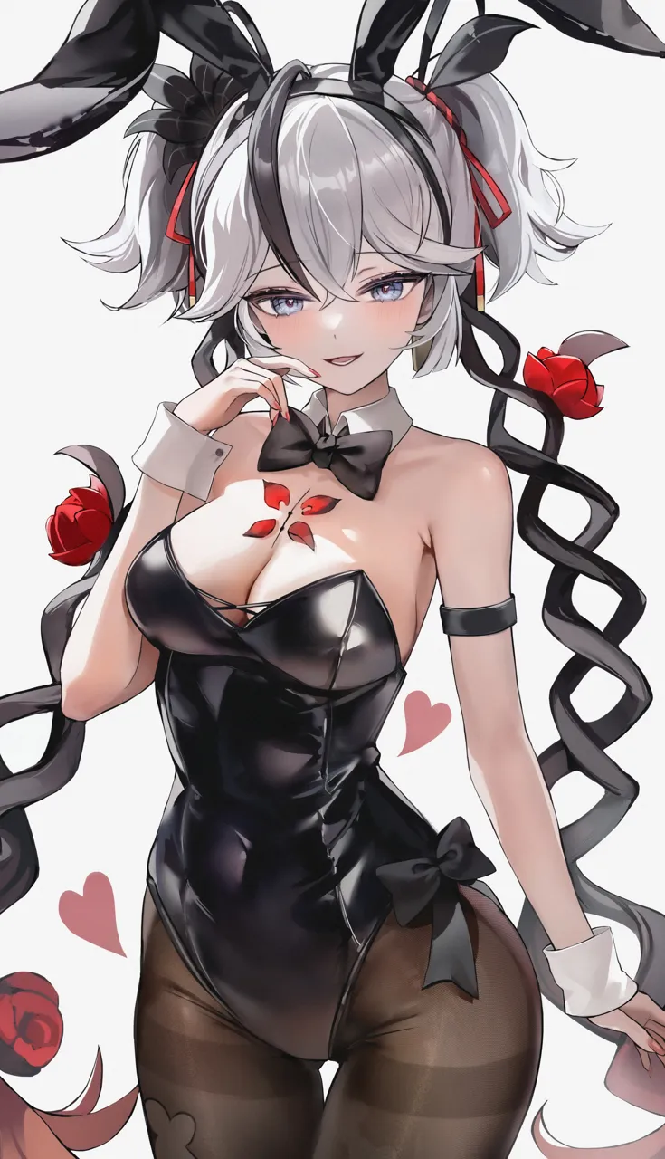 1girl alternate_costume animal_ear_hairband animal_ears arm_strap bare_shoulders black_bow black_bowtie black_flower black_leotard black_pantyhose black_ribbon blake_bloom__wuthering_waves bow bowtie breasts collar covered_navel cowboy_shot detached_collar earrings fake_animal_ears fingernails flower gold_earrings hair_between_eyes hair_flower hair_ornament hair_ribbon hair_vines hairband hand_up heart jewelry large_breasts leotard looking_at_viewer pantyhose playboy_bunny rabbit_ear_hairband rabbit_ears red_flower red_ribbon ribbon short_hair short_twintails simple_background smile solo tacet_mark__wuthering_waves twintails white_background white_collar white_hair zije wuthering_waves camellya__wuthering_waves