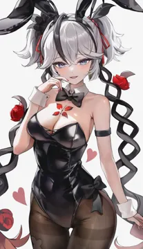 1girl alternate_costume animal_ear_hairband animal_ears arm_strap bare_shoulders black_bow black_bowtie black_flower black_leotard black_pantyhose black_ribbon blake_bloom__wuthering_waves bow bowtie breasts collar covered_navel cowboy_shot detached_collar earrings fake_animal_ears fingernails flower gold_earrings hair_between_eyes hair_flower hair_ornament hair_ribbon hair_vines hairband hand_up heart jewelry large_breasts leotard looking_at_viewer pantyhose playboy_bunny rabbit_ear_hairband rabbit_ears red_flower red_ribbon ribbon short_hair short_twintails simple_background smile solo tacet_mark__wuthering_waves twintails white_background white_collar white_hair zije wuthering_waves camellya__wuthering_waves
