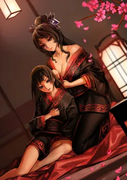 2girls age_difference breasts brushing_another_s_hair brushing_hair cherry_blossoms chinese_clothes cleavage dutch_angle flower hanfu lantern large_breasts long_hair long_legs mother_and_daughter multiple_girls off_shoulder petals pink_flower red_eyes sitting as109 ching_nu_yu_hun_2