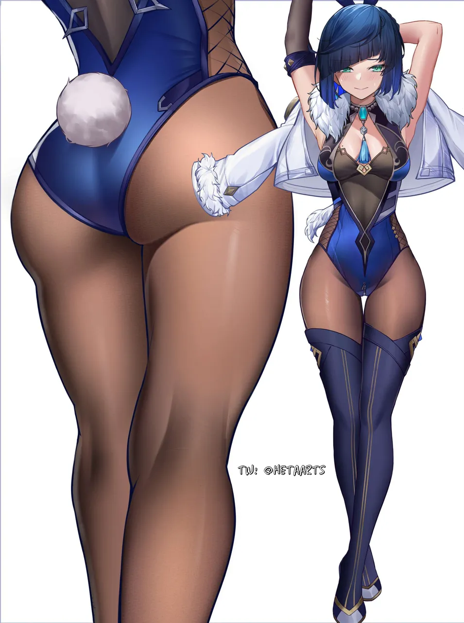 1girl alternate_costume animal_ears arm_behind_head armpits arms_up ass blue_eyes blue_hair blue_leotard blunt_bangs braid breasts cleavage crotch_zipper diagonal_bangs fake_animal_ears fake_tail fur_trim fur_trimmed_jacket genshin_impact gloves heta jacket jewelry kneepits leotard looking_at_viewer multiple_views neck_tassel necklace pantyhose playboy_bunny rabbit_ears rabbit_tail short_hair single_braid single_glove smile straight_on tail thighhighs thighs white_jacket yelan__genshin_impact zipper zipper_leotard