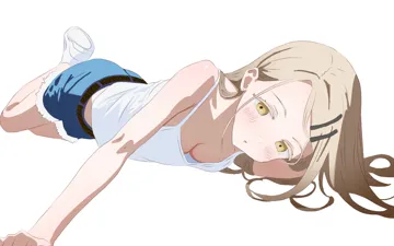 1girl bare_arms bare_legs blush breasts camisole cleavage denim denim_shorts grey_hair hair_spread_out long_hair looking_at_viewer lying on_side shorts simple_background small_breasts solo white_background white_camisole yellow_eyes mana__uyvh7375 gakuen_idolmaster idolmaster shinosawa_hiro__idolmaster