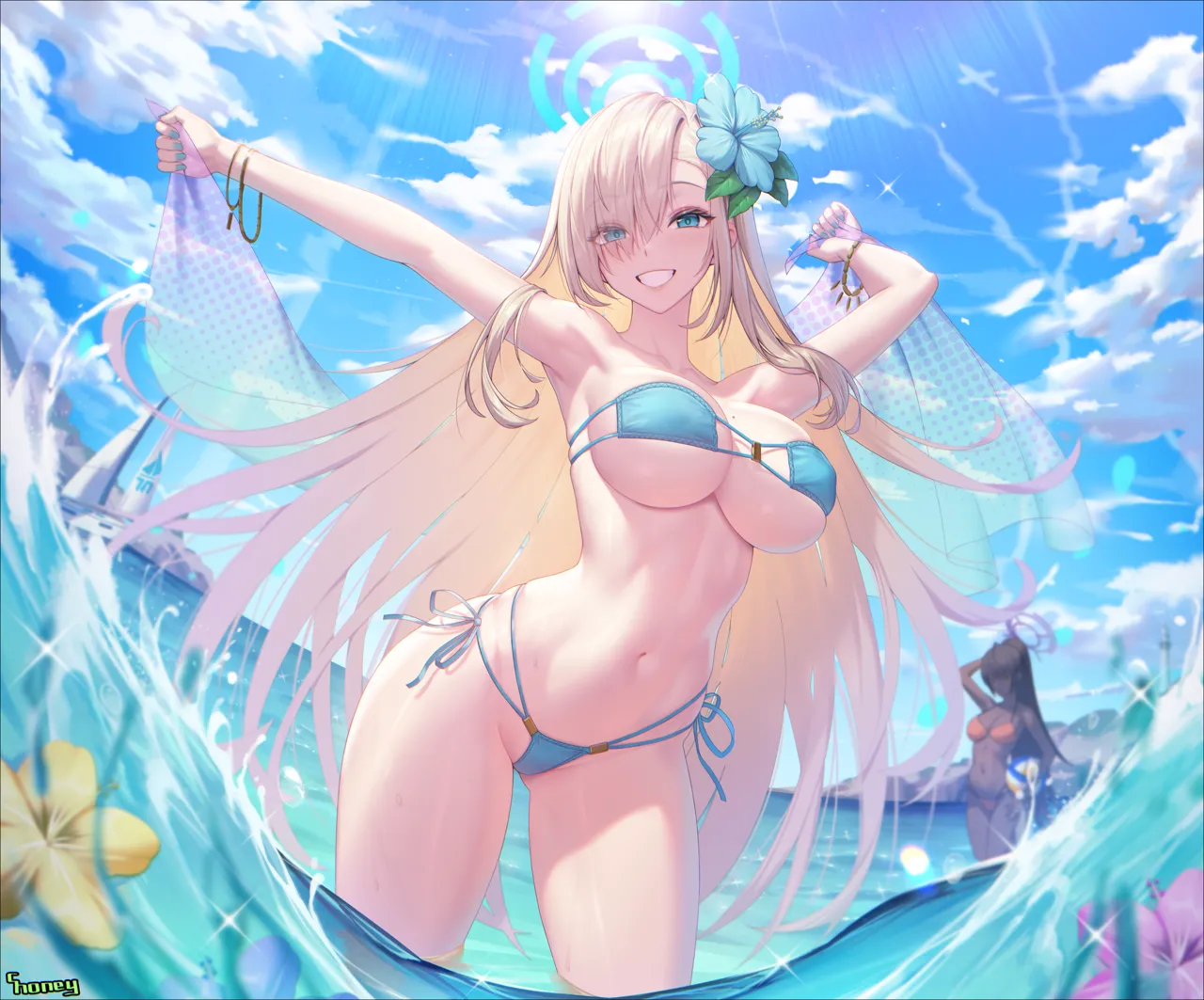 2girls alternate_costume armpits arms_up artist_name ass_visible_through_thighs asuna__blue_archive bangle bare_arms bare_shoulders bikini black_hair blonde_hair blue_archive blue_bikini blue_eyes blue_flower blue_halo blue_sky bracelet breasts c_honey cloud cloudy_sky contrapposto cowboy_shot dark_skin dark_skinned_female day eyepatch_bikini eyes_visible_through_hair floating_hair flower grin groin hair_flower hair_ornament hair_over_one_eye halo hand_on_own_head hibiscus highleg highleg_bikini holding holding_unworn_clothes jewelry karin__blue_archive large_breasts leaf long_hair looking_at_viewer mole mole_on_breast multi_strapped_bikini multiple_girls navel ocean orange_bikini outdoors partially_underwater_shot polka_dot ponytail purple_flower purple_halo see_through_clothes see_through_shawl shawl side_tie_bikini_bottom sky smile solo_focus sparkle standing stomach strapless strapless_bikini string_bikini sunlight swept_bangs swimsuit teeth thighs underboob wading water yellow_flower